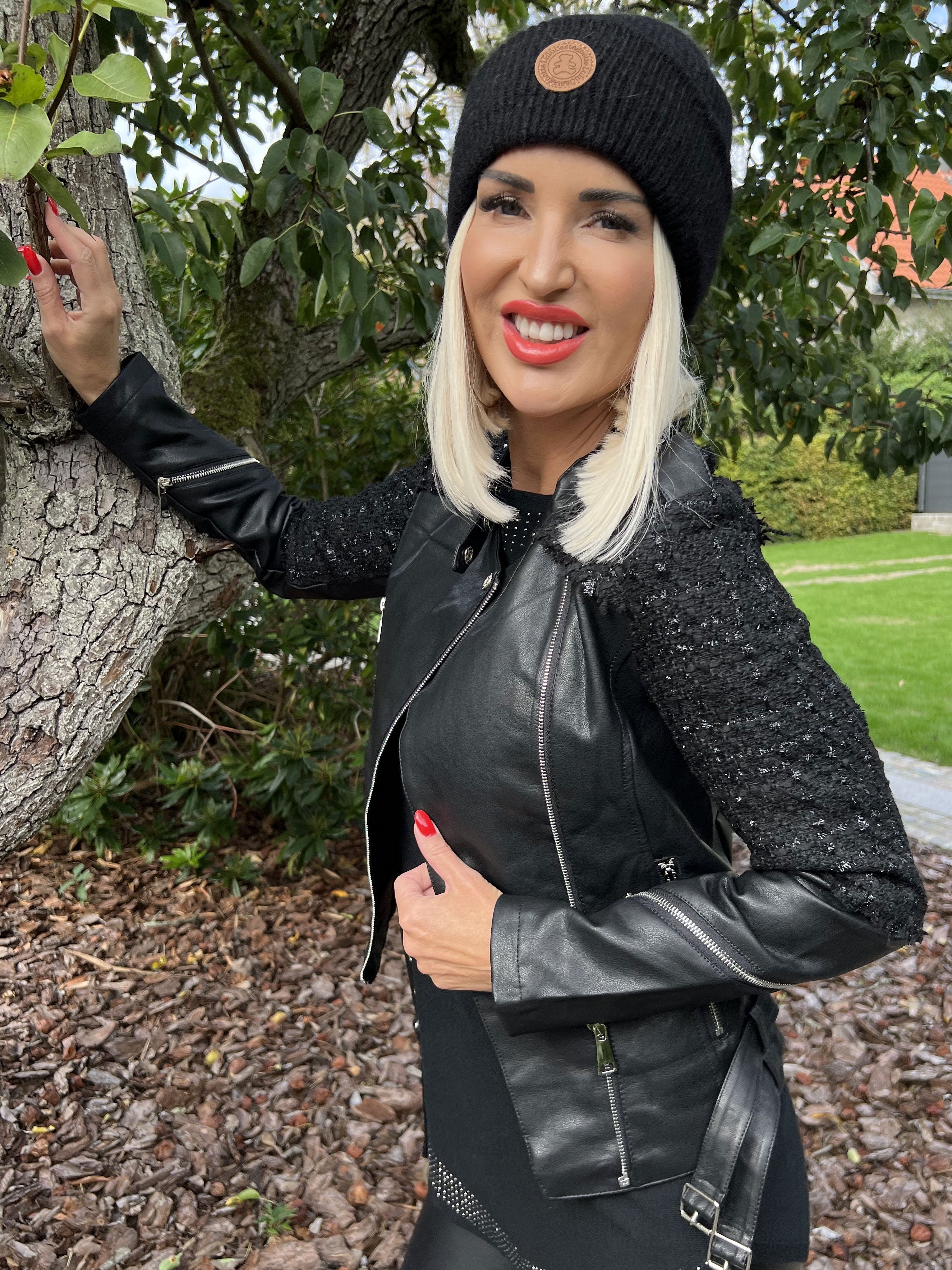 Malena - Läderlookjacka med tweed - Black